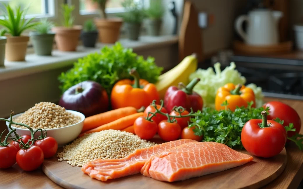Assortment of fresh produce, whole grains, and fish on a kitchen counter.