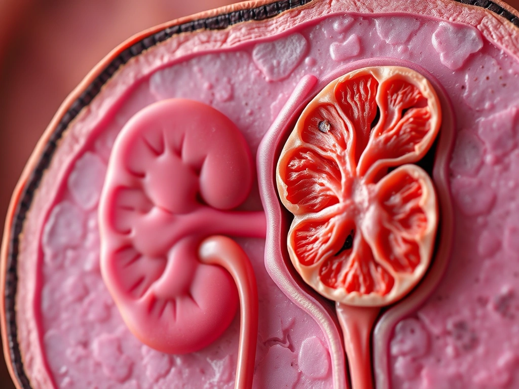 Comparison of healthy and damaged kidney tissue showing the effects of hypertension.