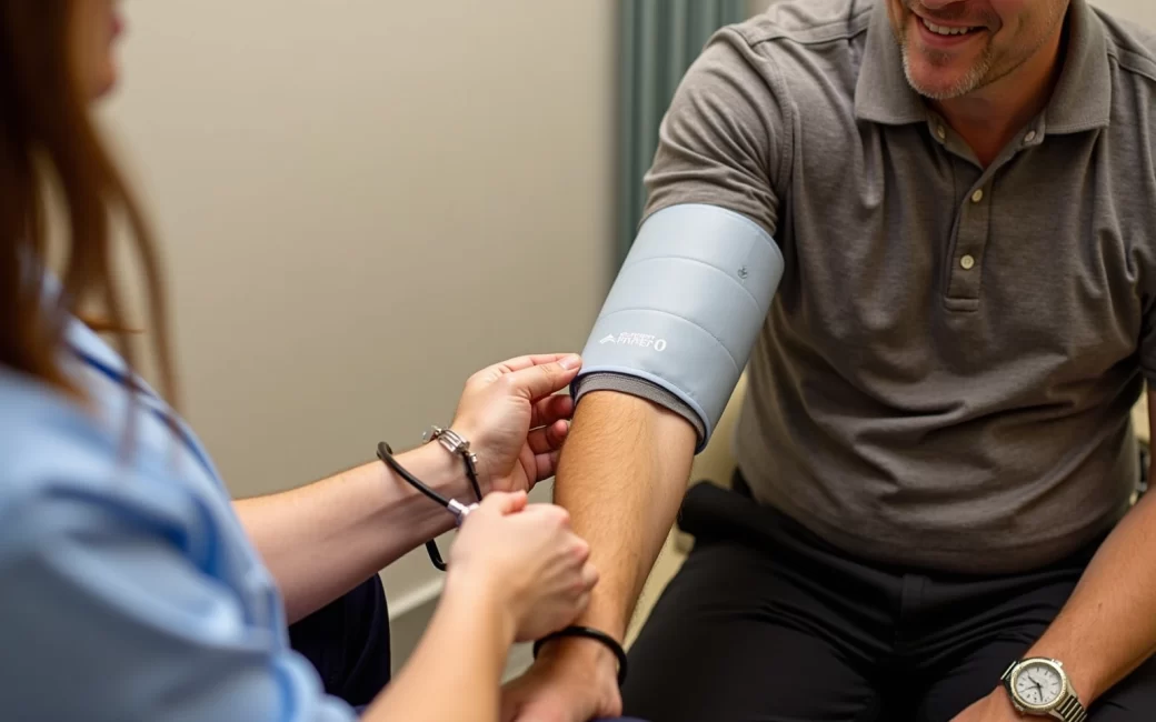 A doctor measures a patient's blood pressure using an arm cuff during a medical visit.