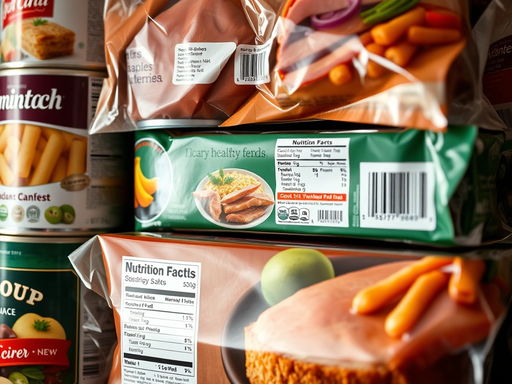 Packaged and processed foods with visible nutrition labels on packaging.