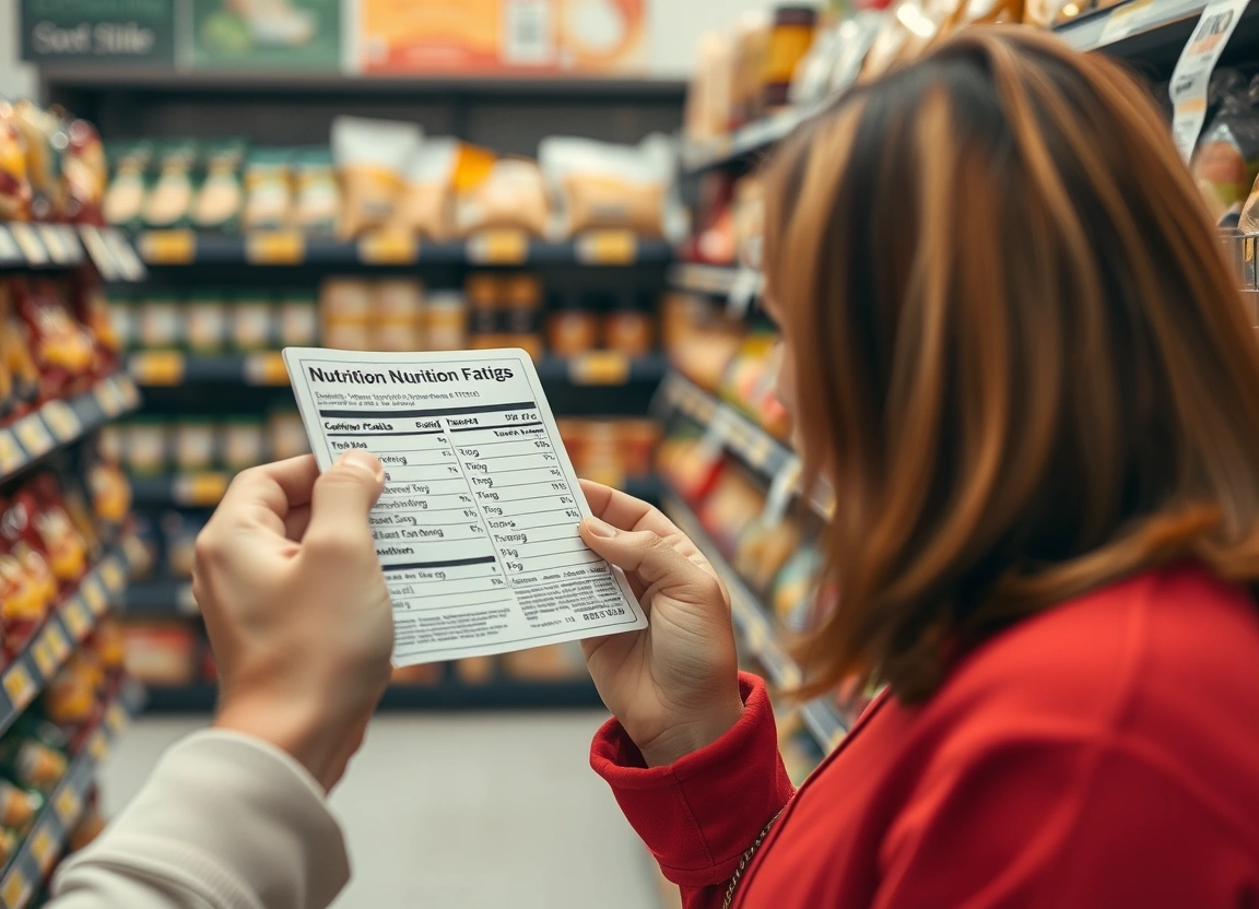 Person examining nutrition label on packaged food while shopping.