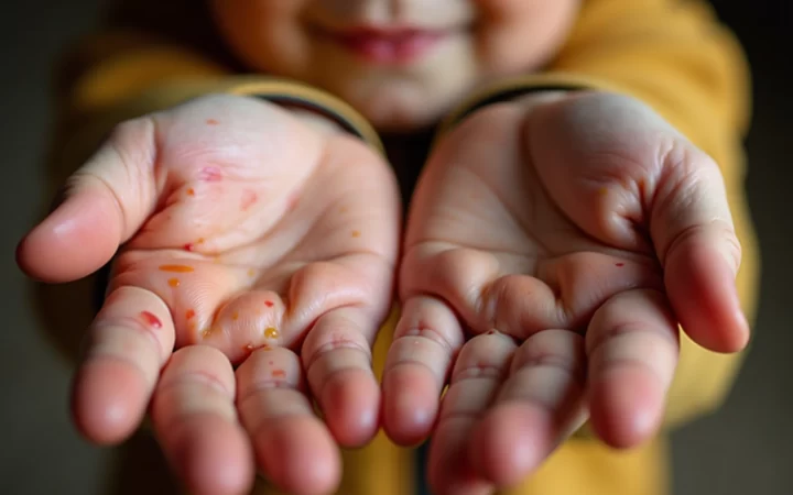 Hand, foot, and mouth disease: sore throat and rash signs