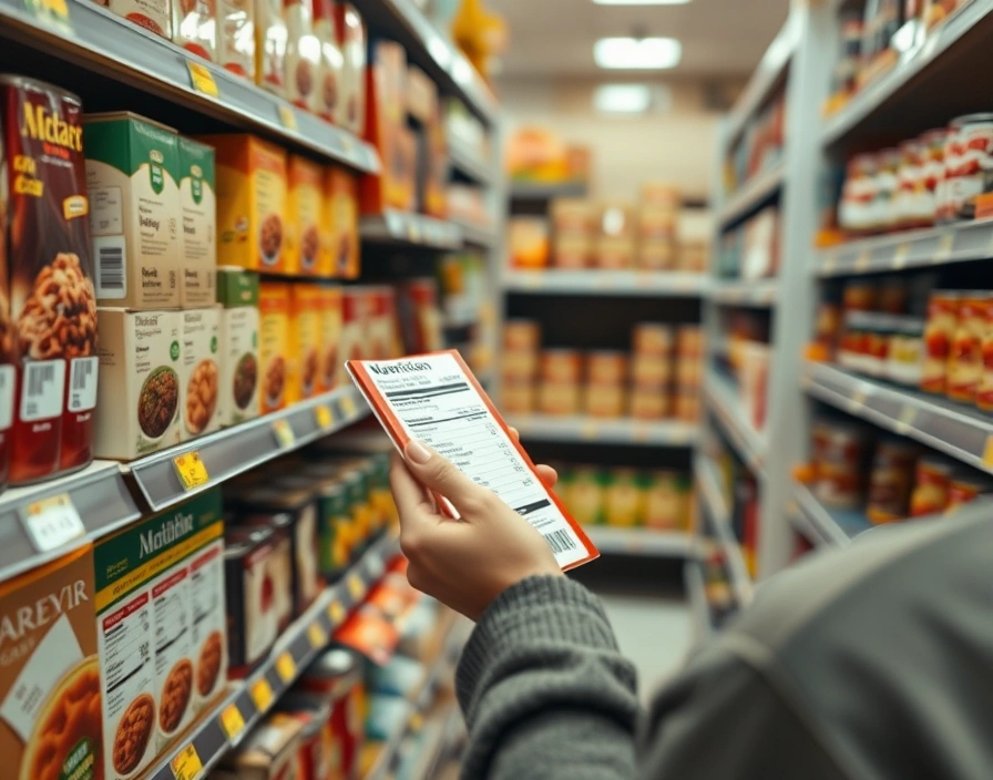 Shopper reading nutrition facts labels on packaged foods at a supermarket