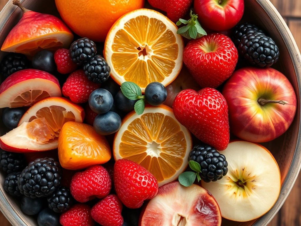 Fresh assorted fruits in a bowl including berries and citrus