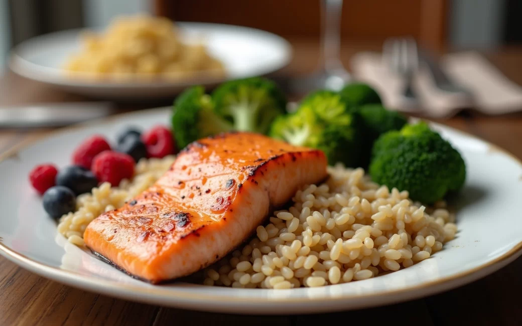 A plate with salmon, whole grains, vegetables, and fruit representing a heart-healthy meal