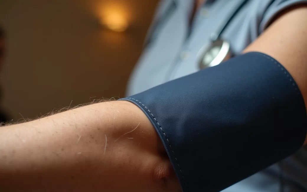 Blood pressure cuff on arm during measurement