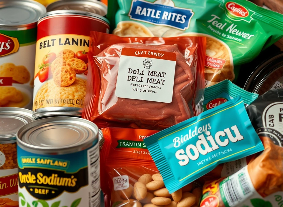 Collection of packaged foods including canned soup, processed meats, and salty snacks