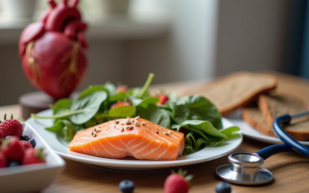 Doctor's office setup with heart model and plate of healthy foods like fish, vegetables, and whole grains