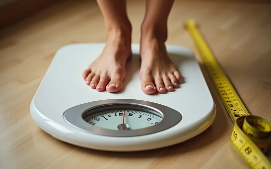 A person standing on a scale with a tape measure on the floor beside it